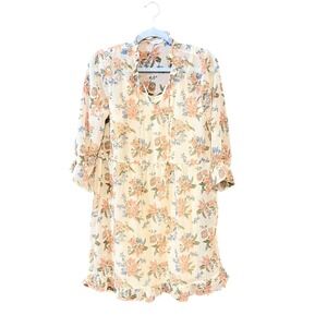 ONLY Pigalle Floral Ruffle Mini Dress Peach Blue Cream Tiered Smock V-Neck SZ 34